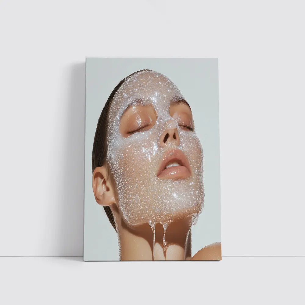 Woman Face Sparkling Foam Skincare White Background – Wall Art