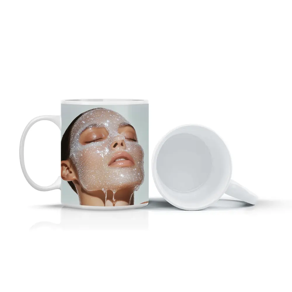 Woman Face Sparkling Foam Skincare White Background – Mugs