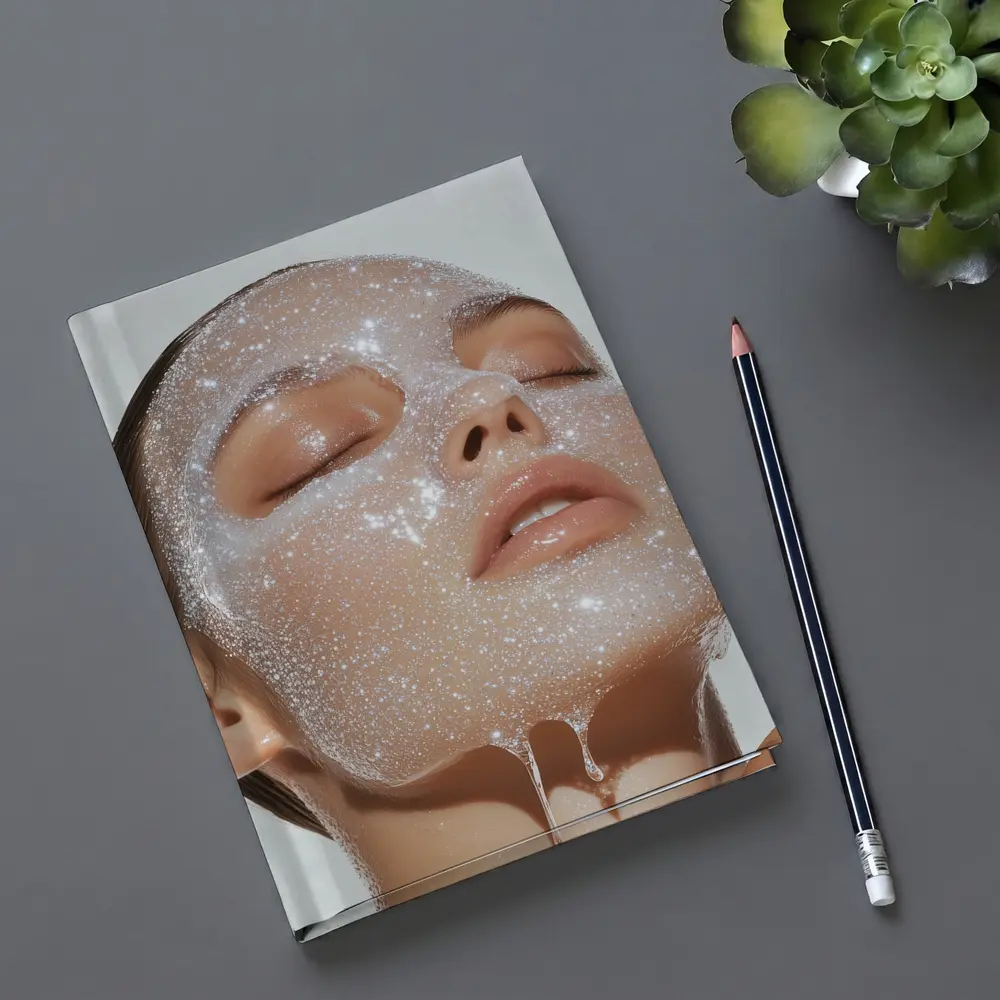 Woman Face Sparkling Foam Skincare White Background – Notebooks
