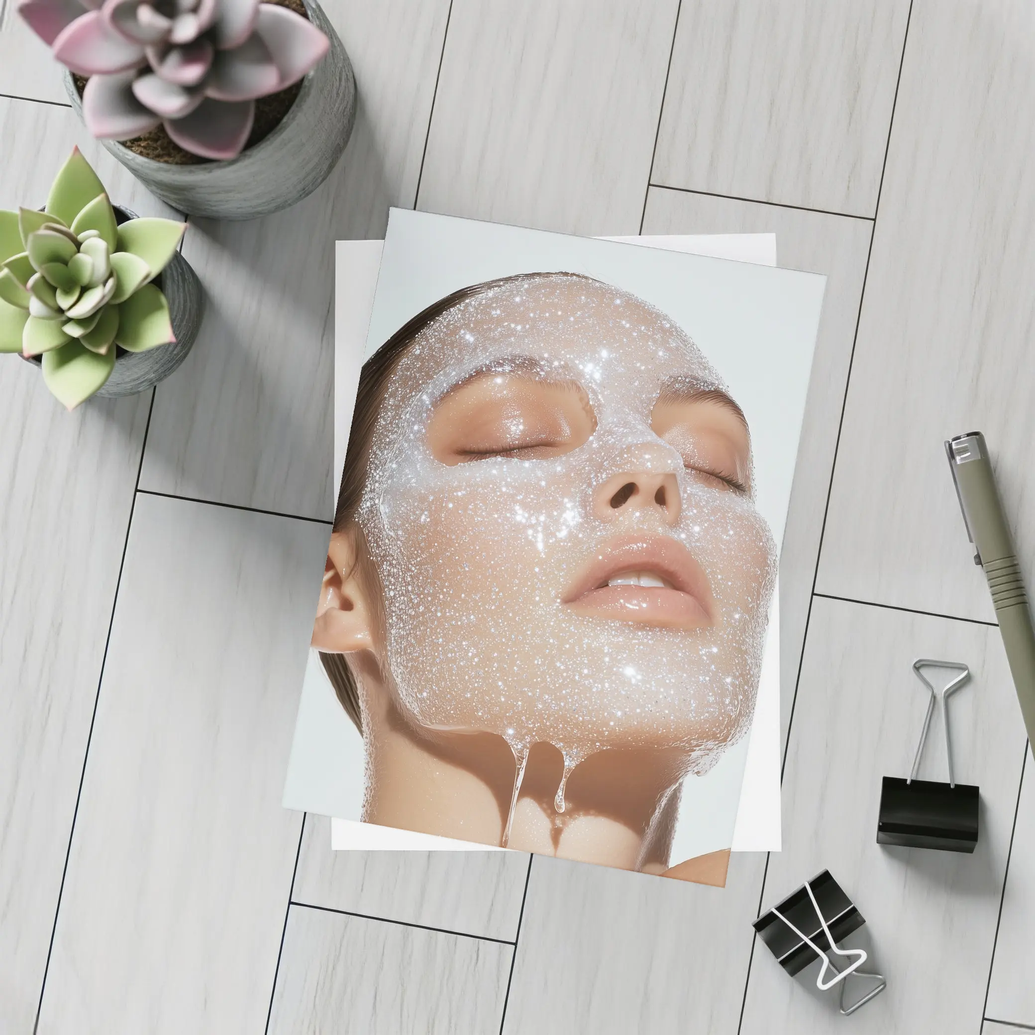 Woman Face Sparkling Foam Skincare White Background – Postcards