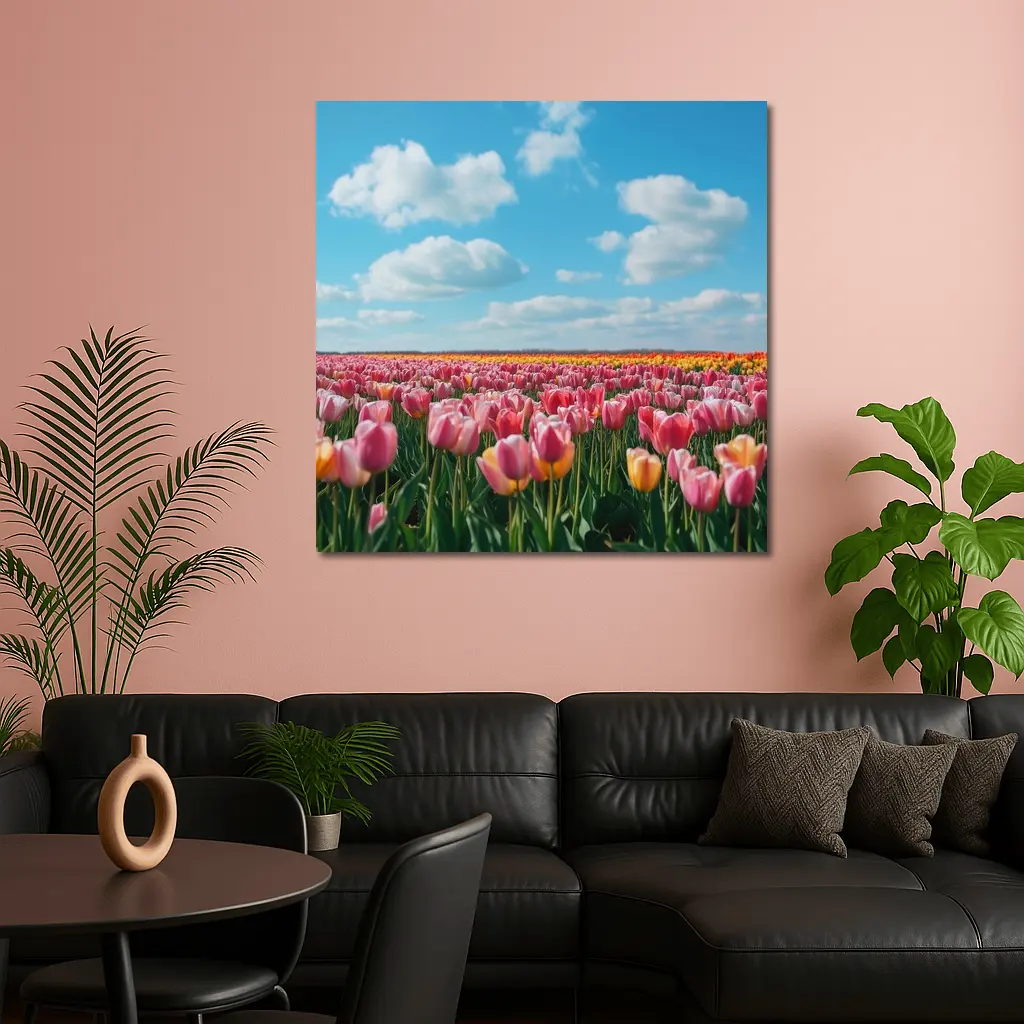 Pink Tulip Field Blue Sky Clouds – Wall Art