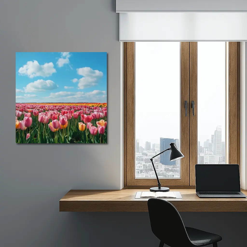 Pink Tulip Field Blue Sky Clouds – Wall Art