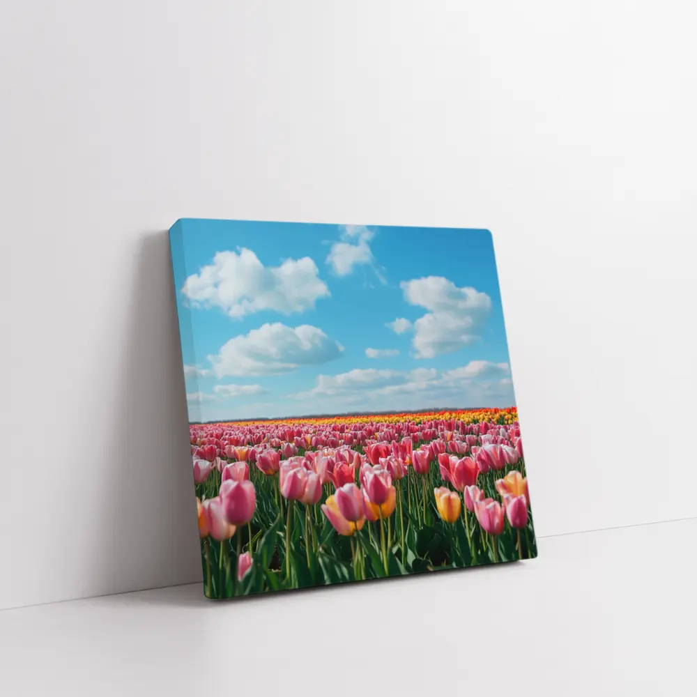 Pink Tulip Field Blue Sky Clouds – Wall Art