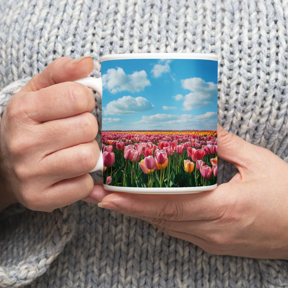 Pink Tulip Field Blue Sky Clouds – Mugs