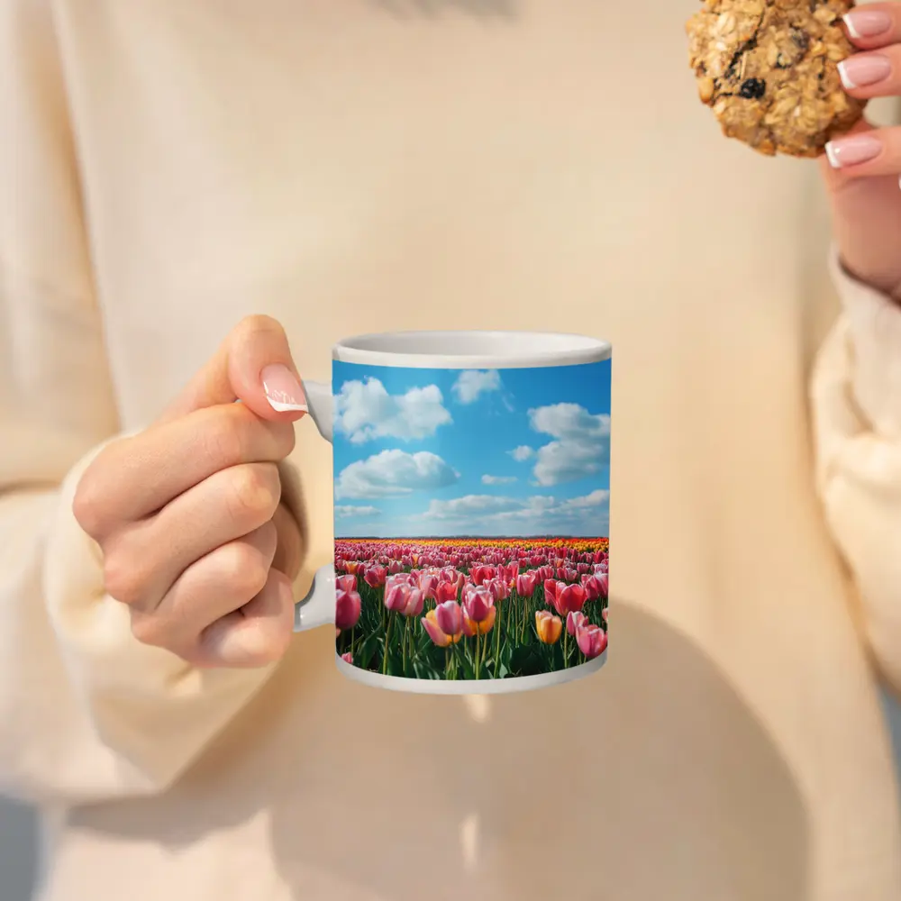 Pink Tulip Field Blue Sky Clouds – Mugs