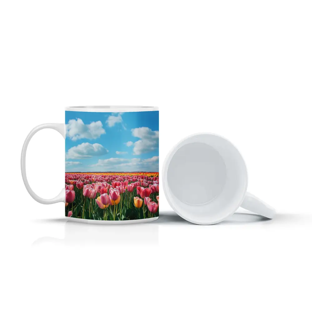 Pink Tulip Field Blue Sky Clouds – Mugs