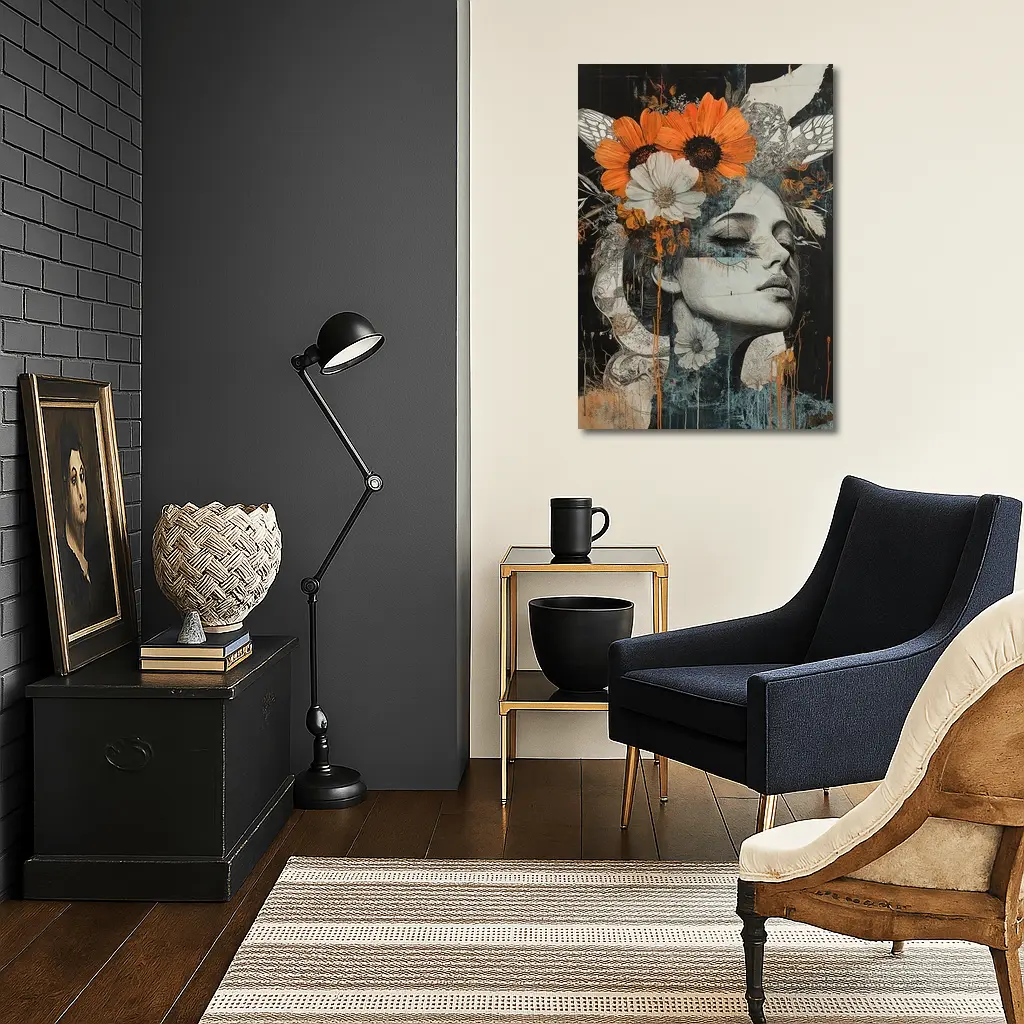 Woman Portrait Orange Flowers Dark Background – Wall Art