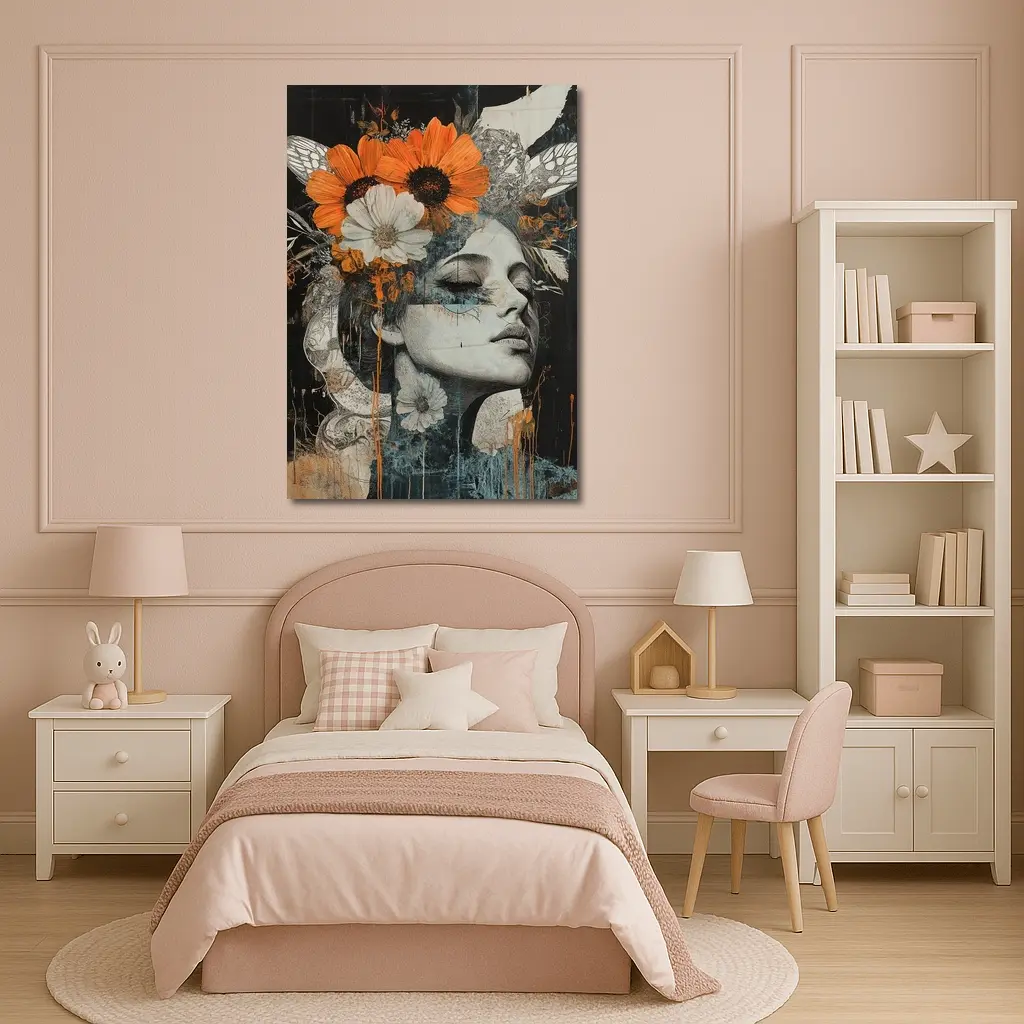 Woman Portrait Orange Flowers Dark Background – Wall Art