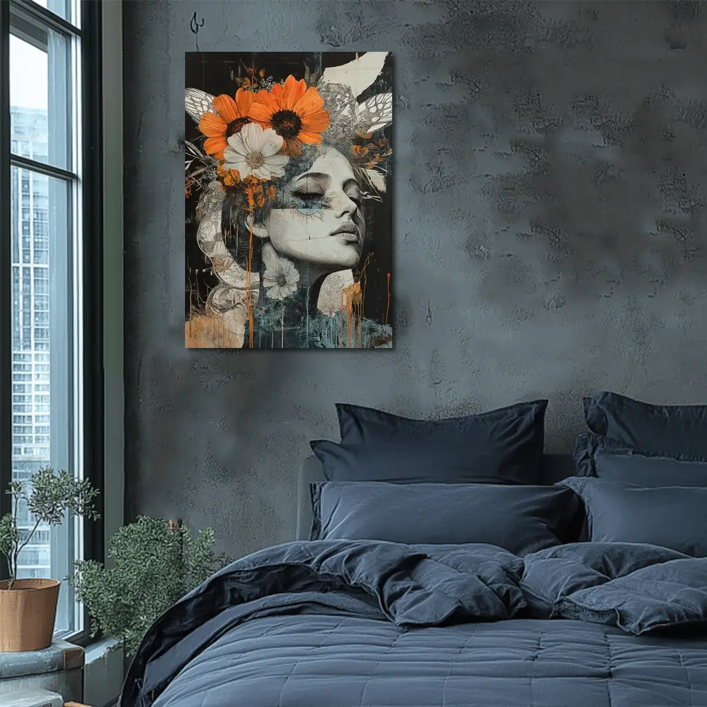 Woman Portrait Orange Flowers Dark Background – Wall Art