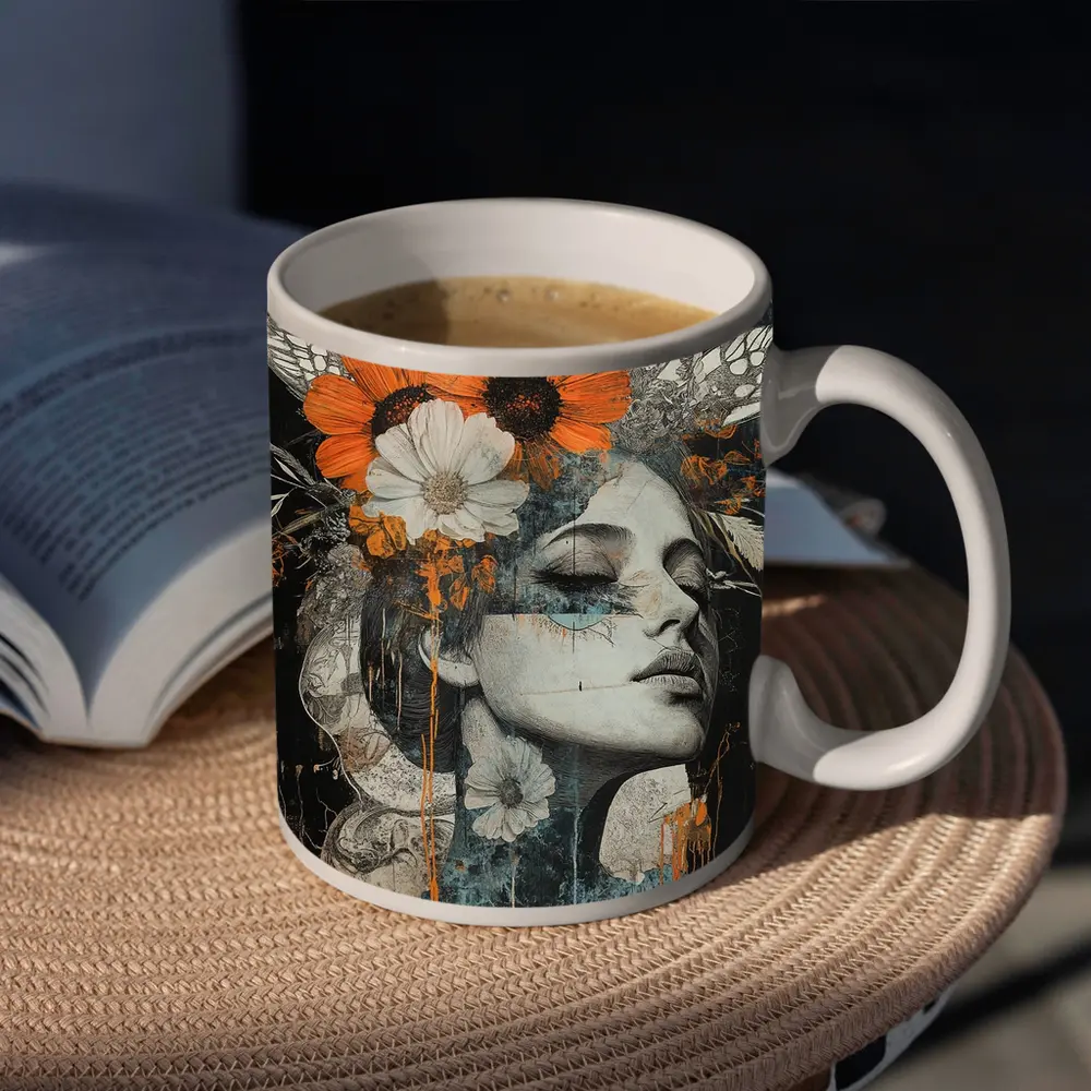 Woman Portrait Orange Flowers Dark Background – Mugs