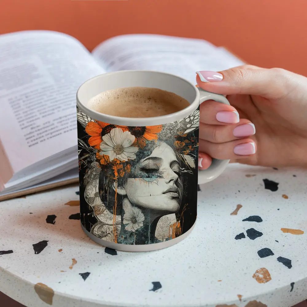 Woman Portrait Orange Flowers Dark Background – Mugs