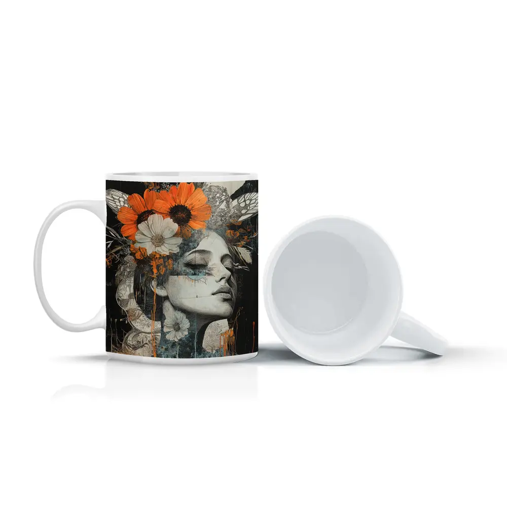 Woman Portrait Orange Flowers Dark Background – Mugs