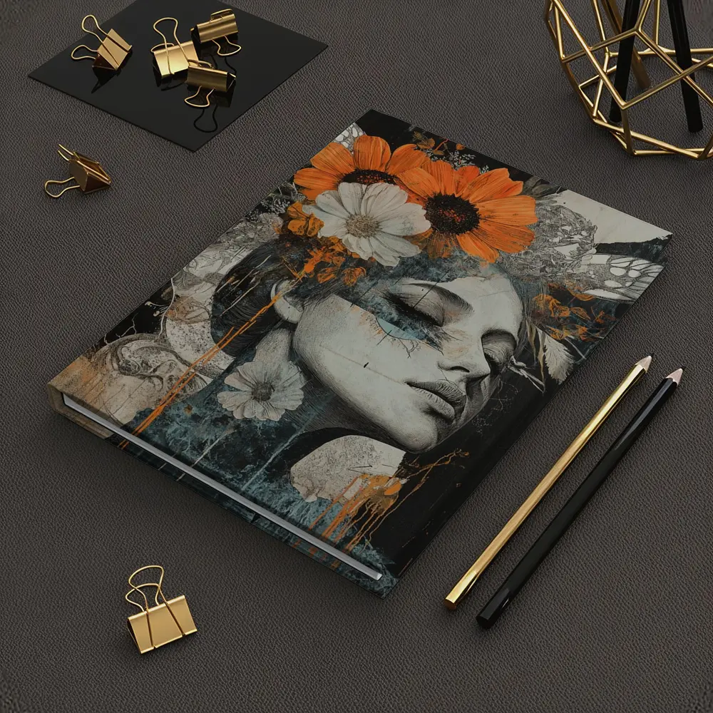 Woman Portrait Orange Flowers Dark Background – Notebooks