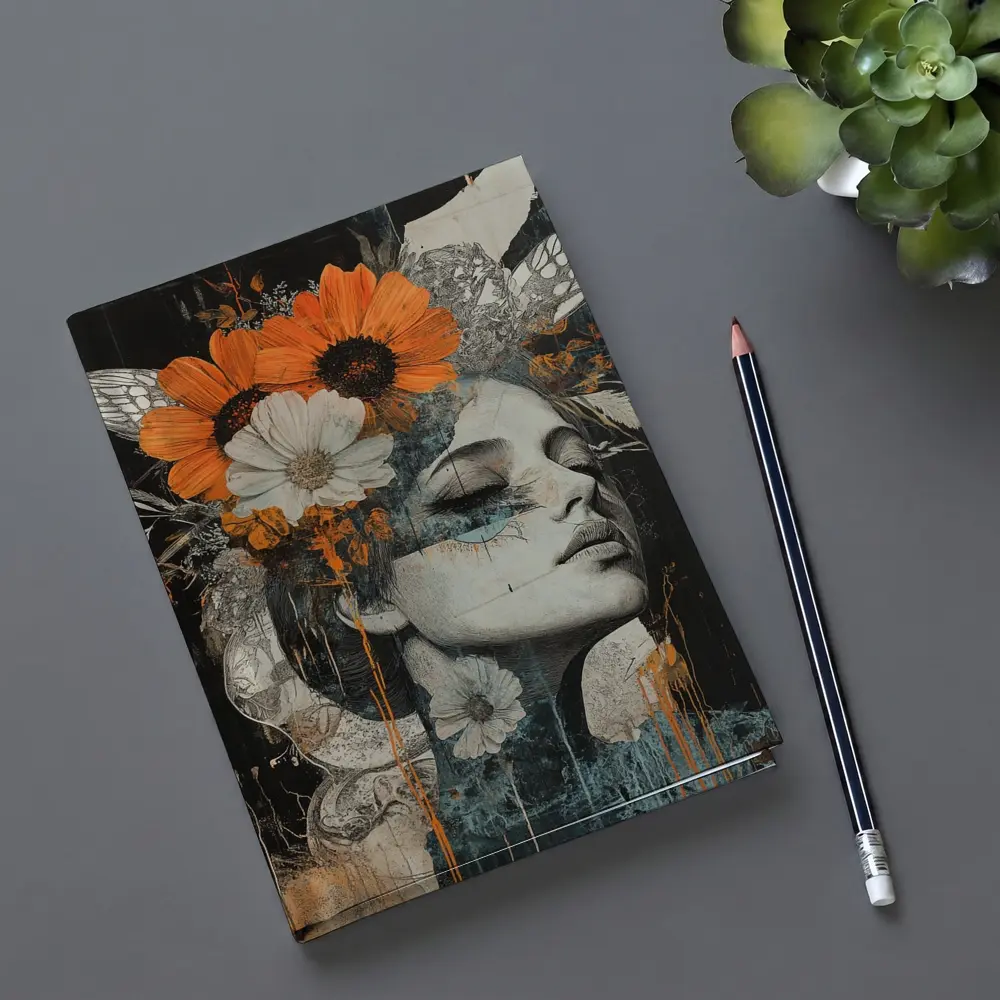 Woman Portrait Orange Flowers Dark Background – Notebooks
