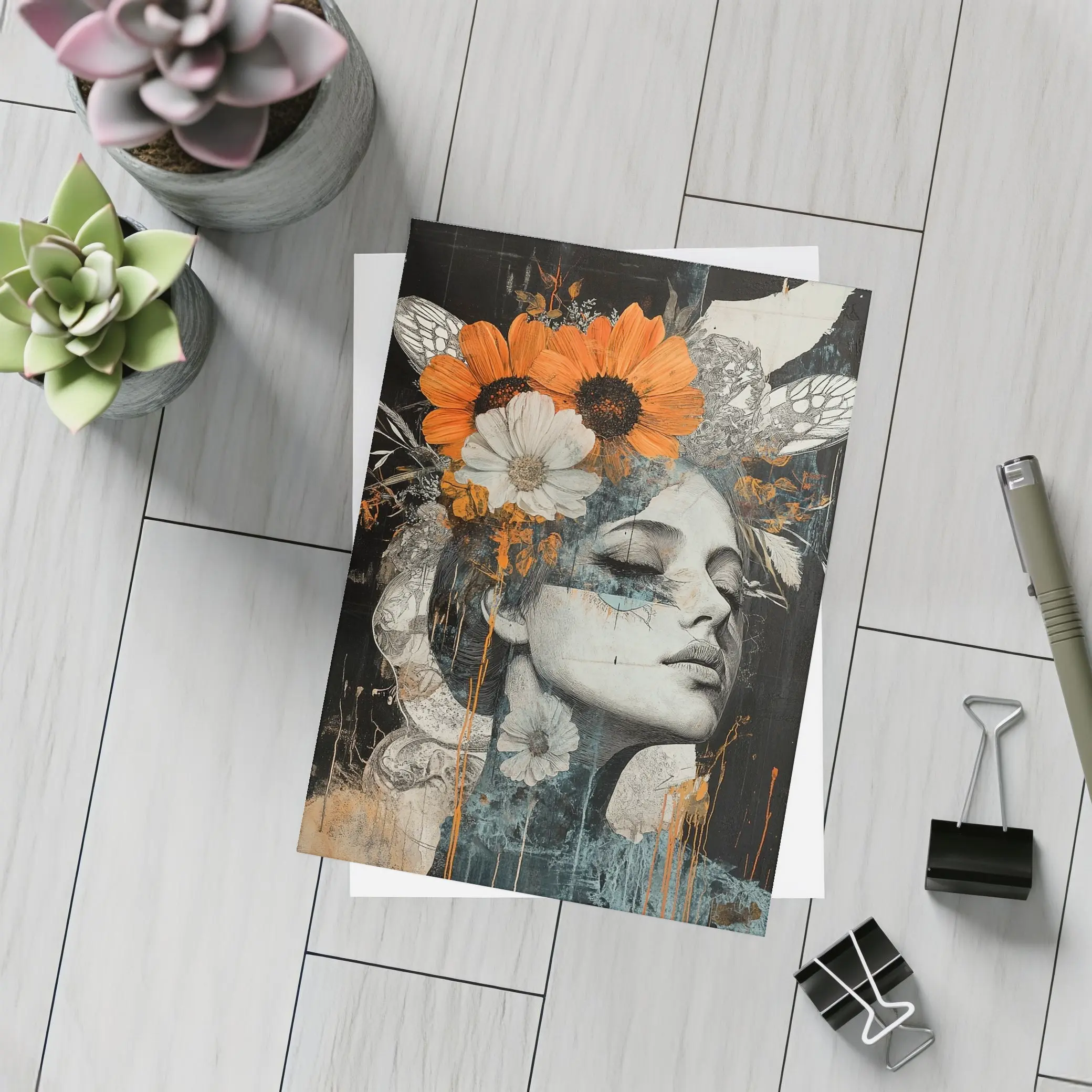 Woman Portrait Orange Flowers Dark Background – Postcards