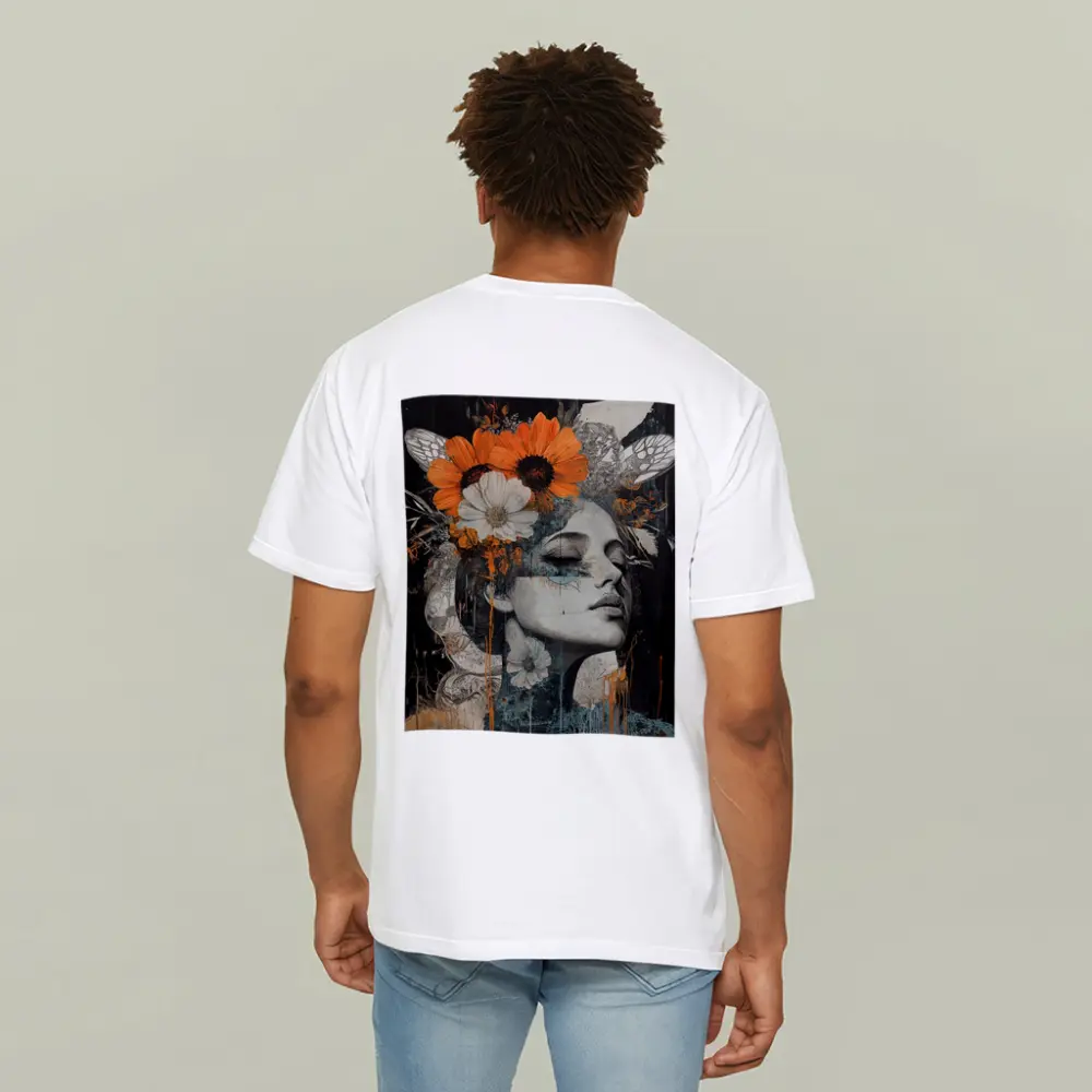 Woman Portrait Orange Flowers Dark Background – T-Shirts