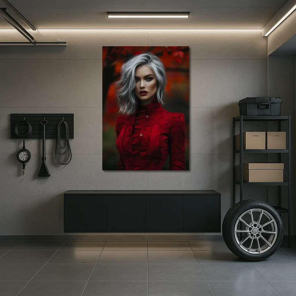 Silver Hair Woman Red Lace Autumn – Wall Art