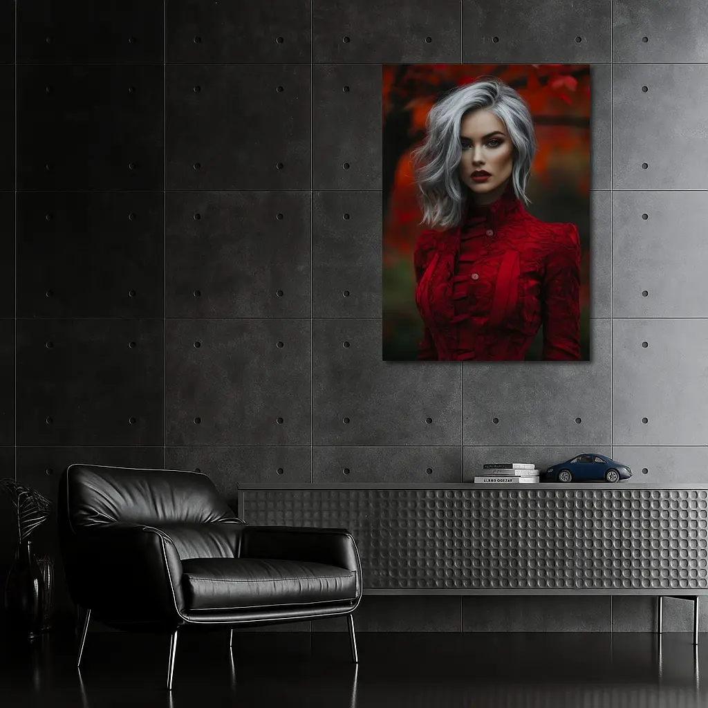 Silver Hair Woman Red Lace Autumn – Wall Art