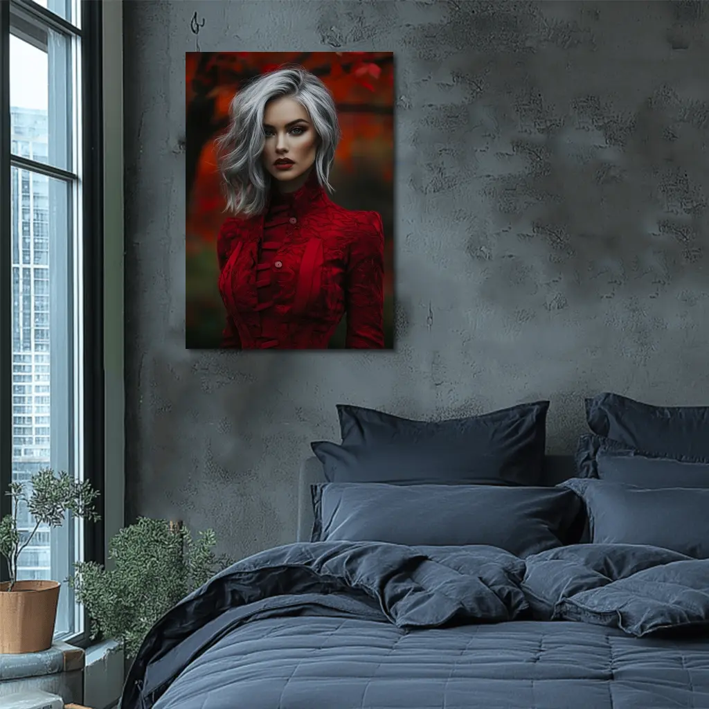 Silver Hair Woman Red Lace Autumn – Wall Art