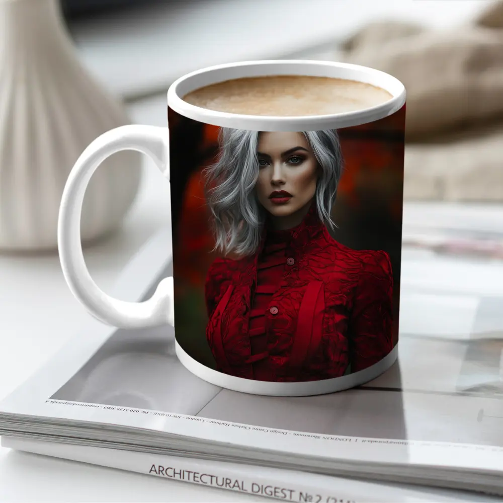 Silver Hair Woman Red Lace Autumn – Mugs