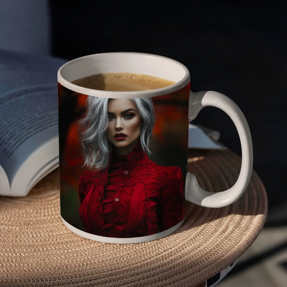 Silver Hair Woman Red Lace Autumn – Mugs