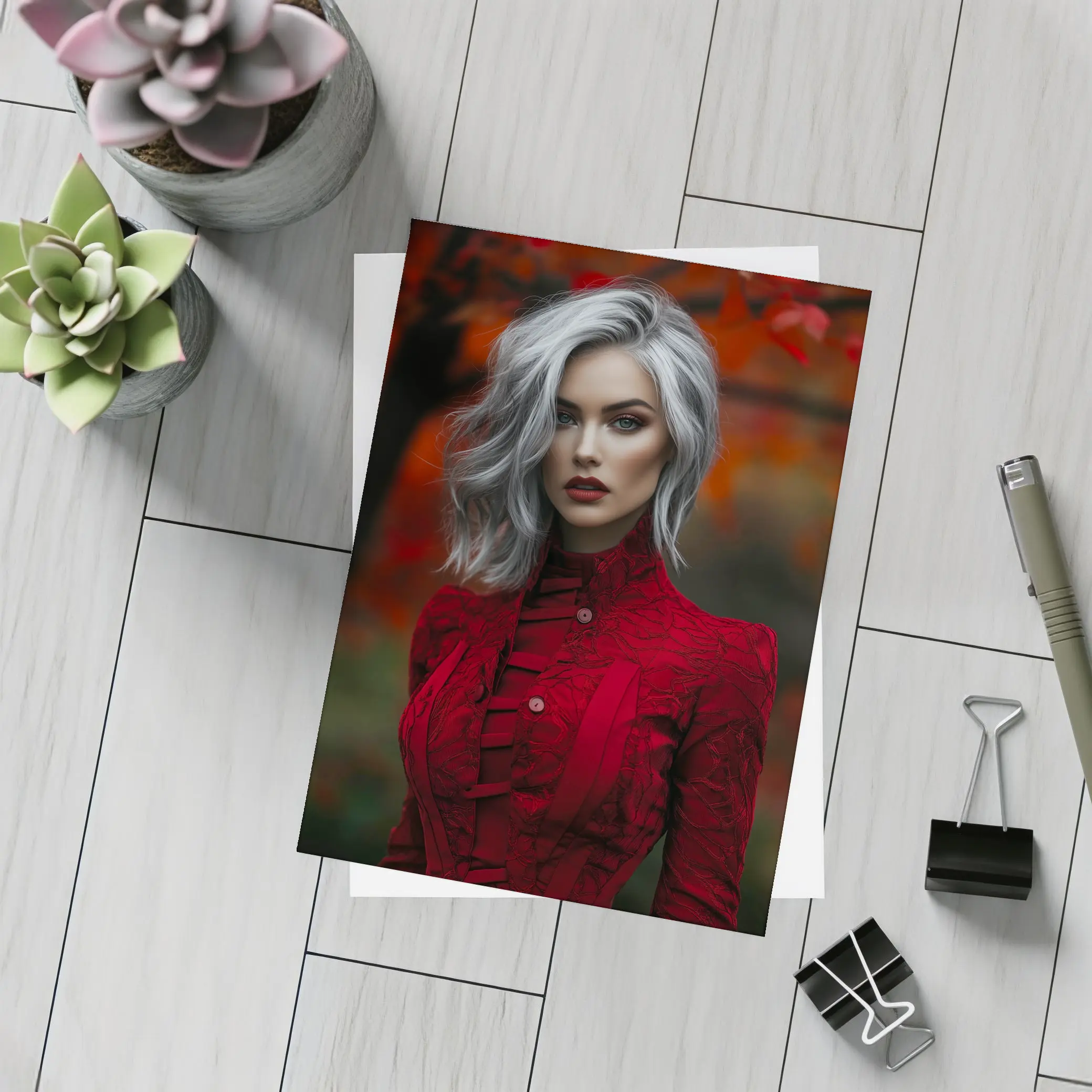 Silver Hair Woman Red Lace Autumn – Postcards