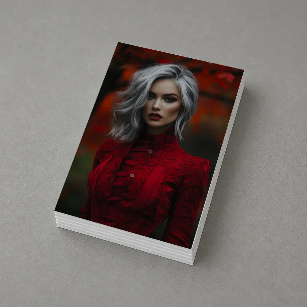 Silver Hair Woman Red Lace Autumn – Postcards