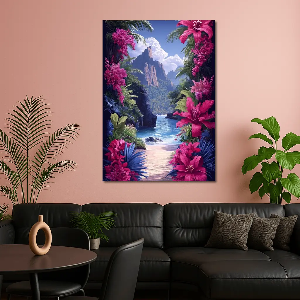Tropical Beach Cove Pink Flowers Mountain – Wall Art