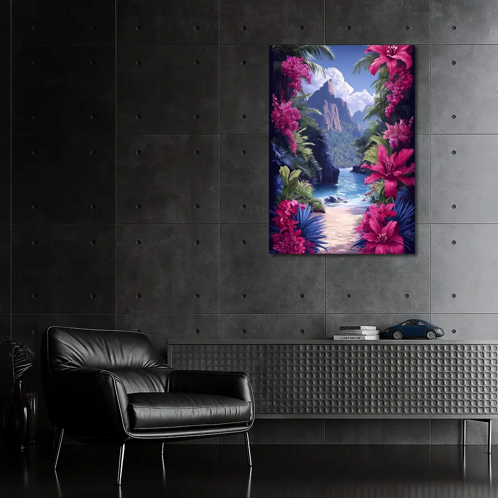 Tropical Beach Cove Pink Flowers Mountain – Wall Art