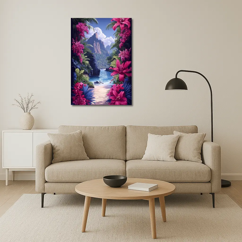 Tropical Beach Cove Pink Flowers Mountain – Wall Art