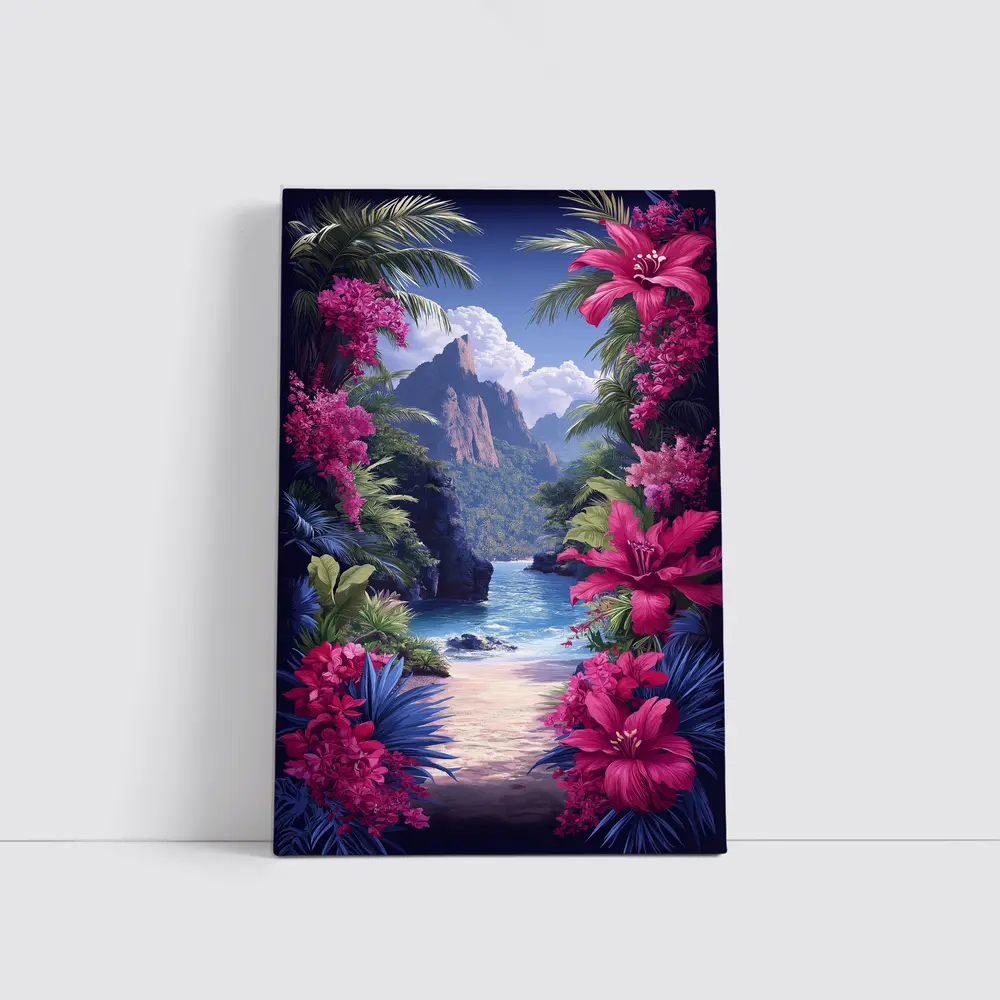 Tropical Beach Cove Pink Flowers Mountain – Wall Art