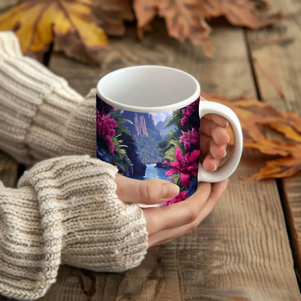 Tropical Beach Cove Pink Flowers Mountain – Mugs