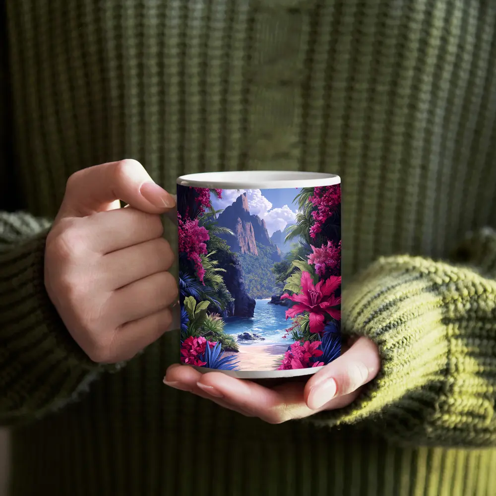 Tropical Beach Cove Pink Flowers Mountain – Mugs