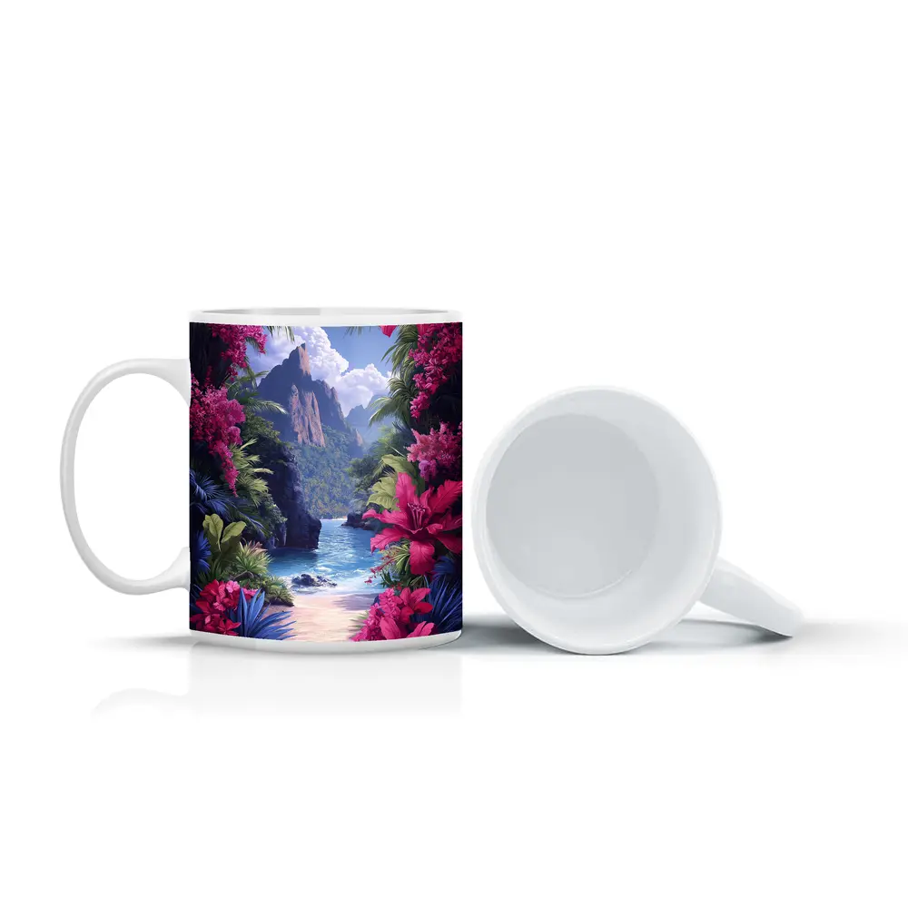 Tropical Beach Cove Pink Flowers Mountain – Mugs