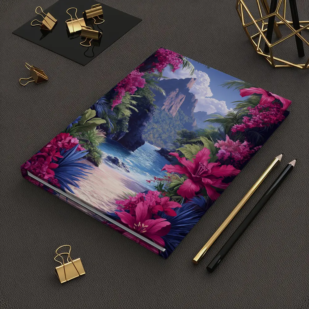 Tropical Beach Cove Pink Flowers Mountain – Notebooks