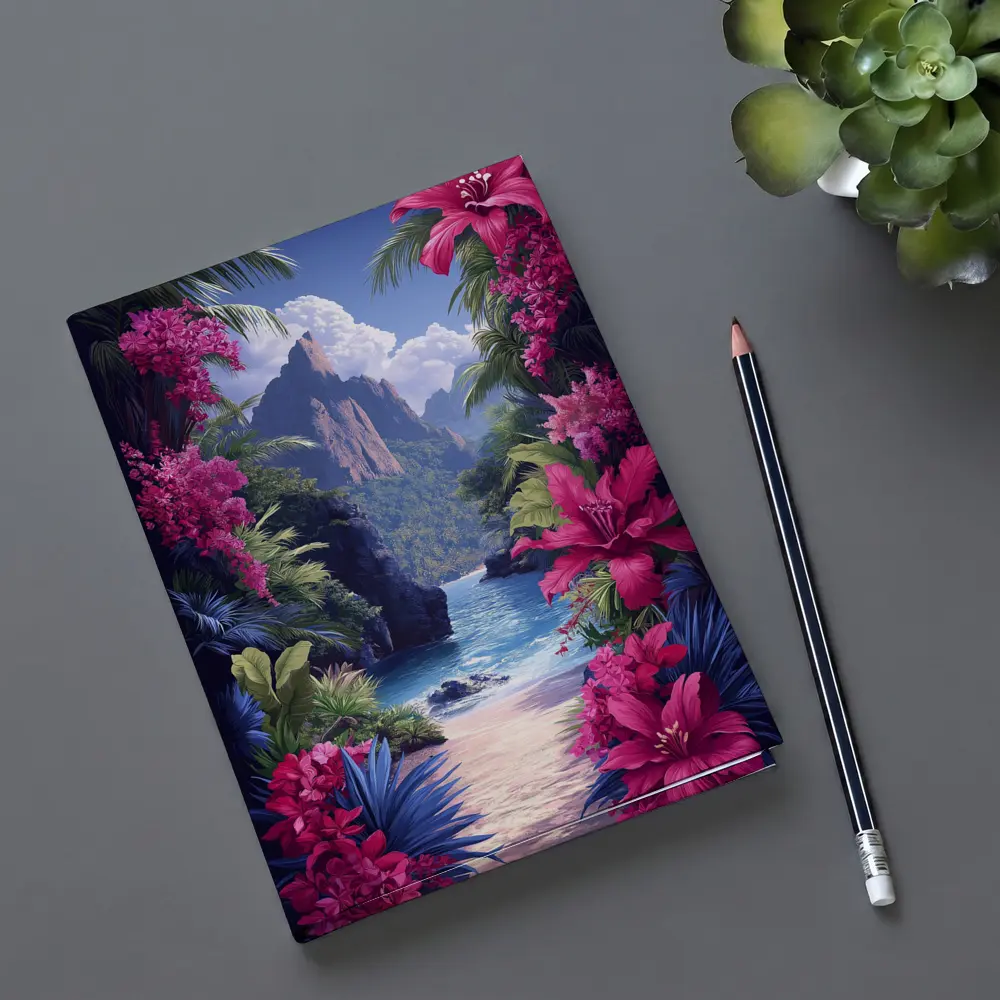Tropical Beach Cove Pink Flowers Mountain – Notebooks