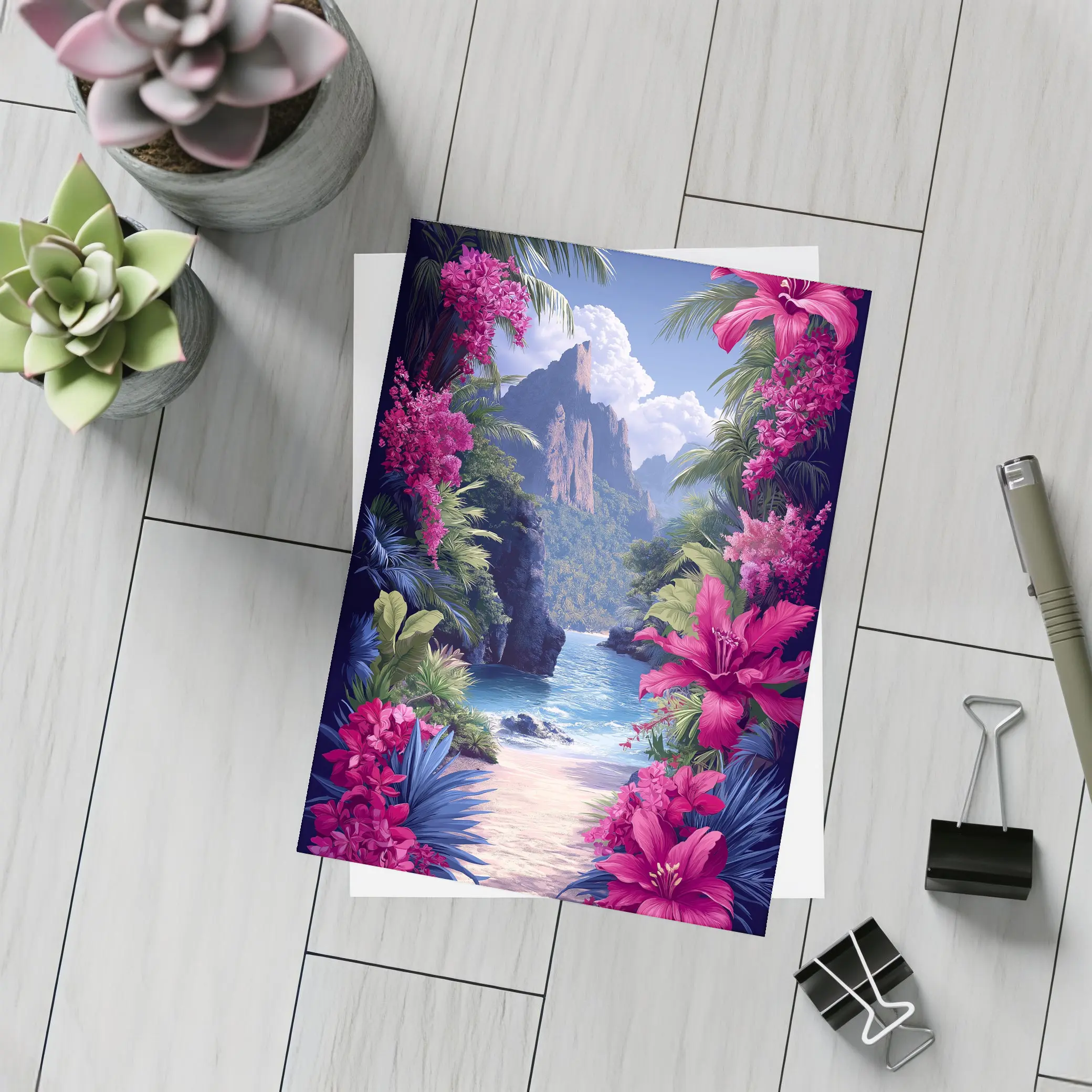 Tropical Beach Cove Pink Flowers Mountain – Postcards