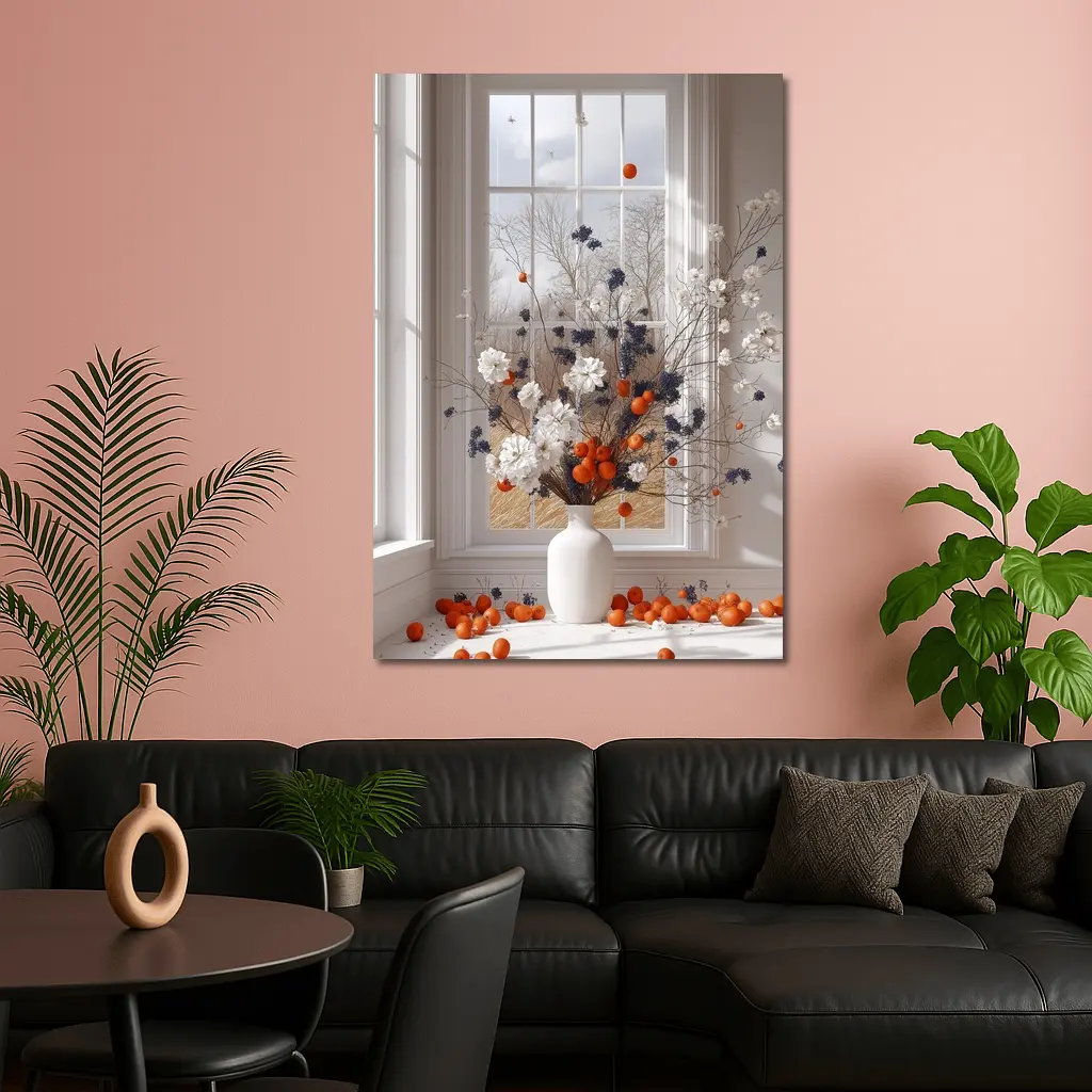 White Flowers Orange Berries Window Vase – Wall Art