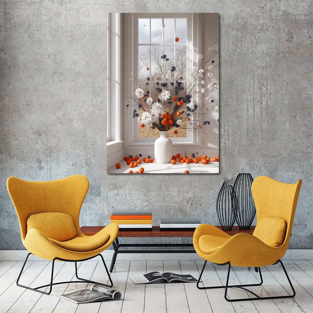 White Flowers Orange Berries Window Vase – Wall Art
