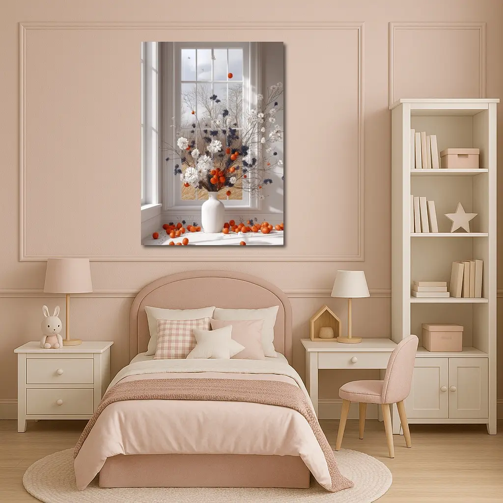White Flowers Orange Berries Window Vase – Wall Art