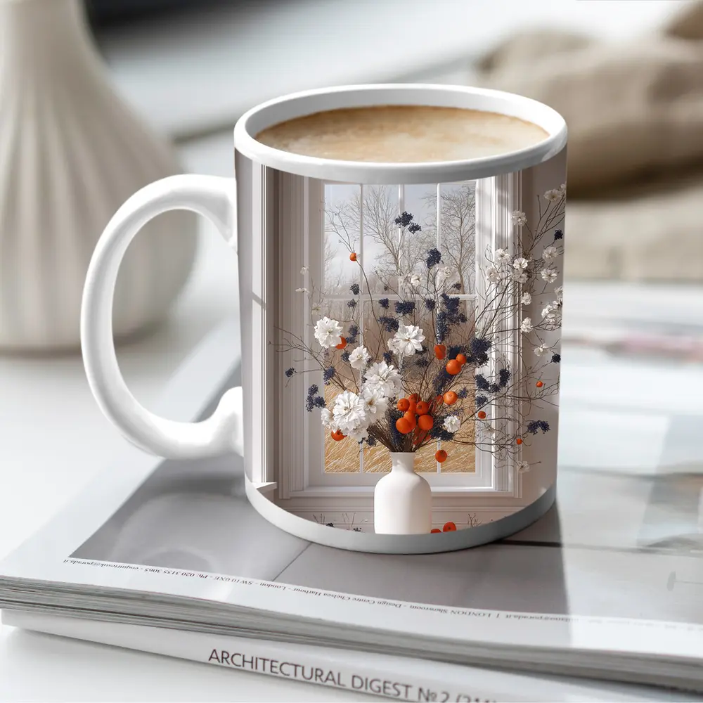 White Flowers Orange Berries Window Vase – Mugs