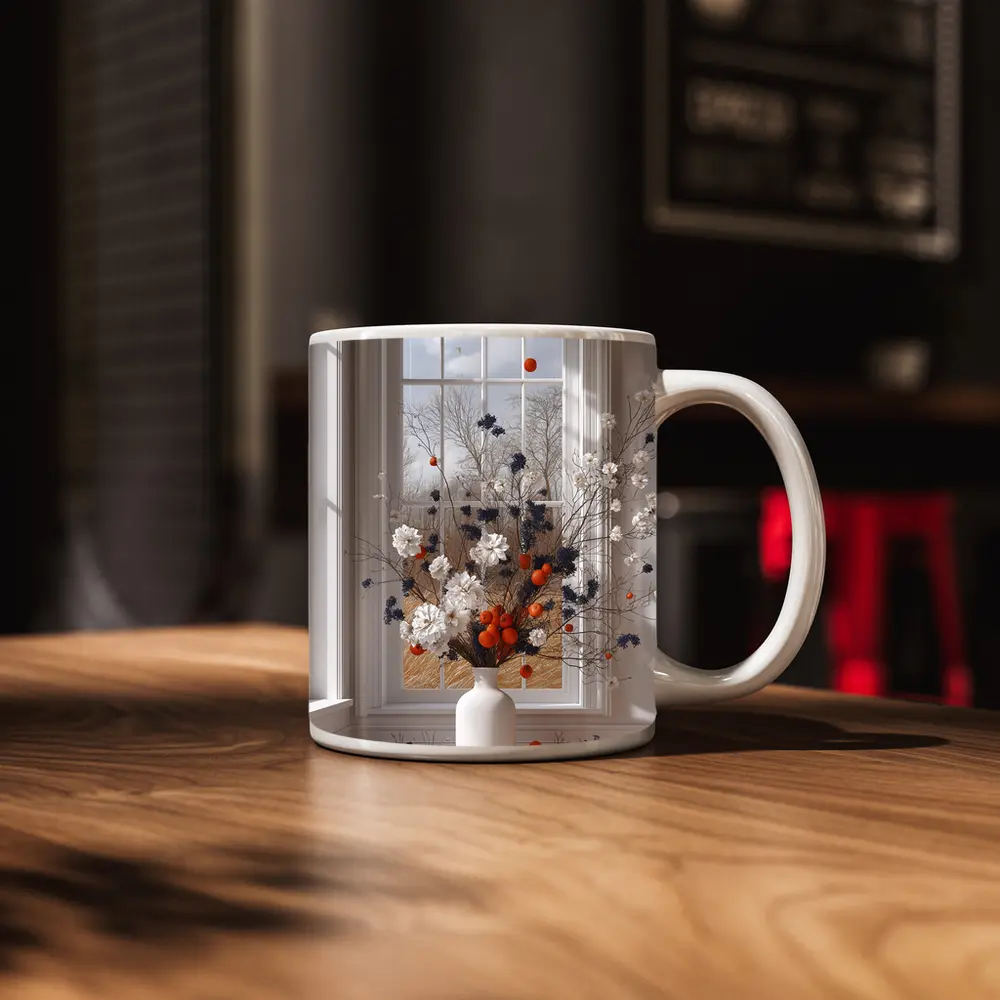 White Flowers Orange Berries Window Vase – Mugs