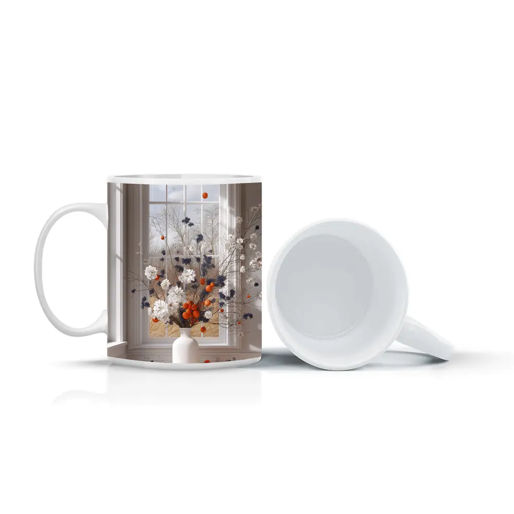 White Flowers Orange Berries Window Vase – Mugs