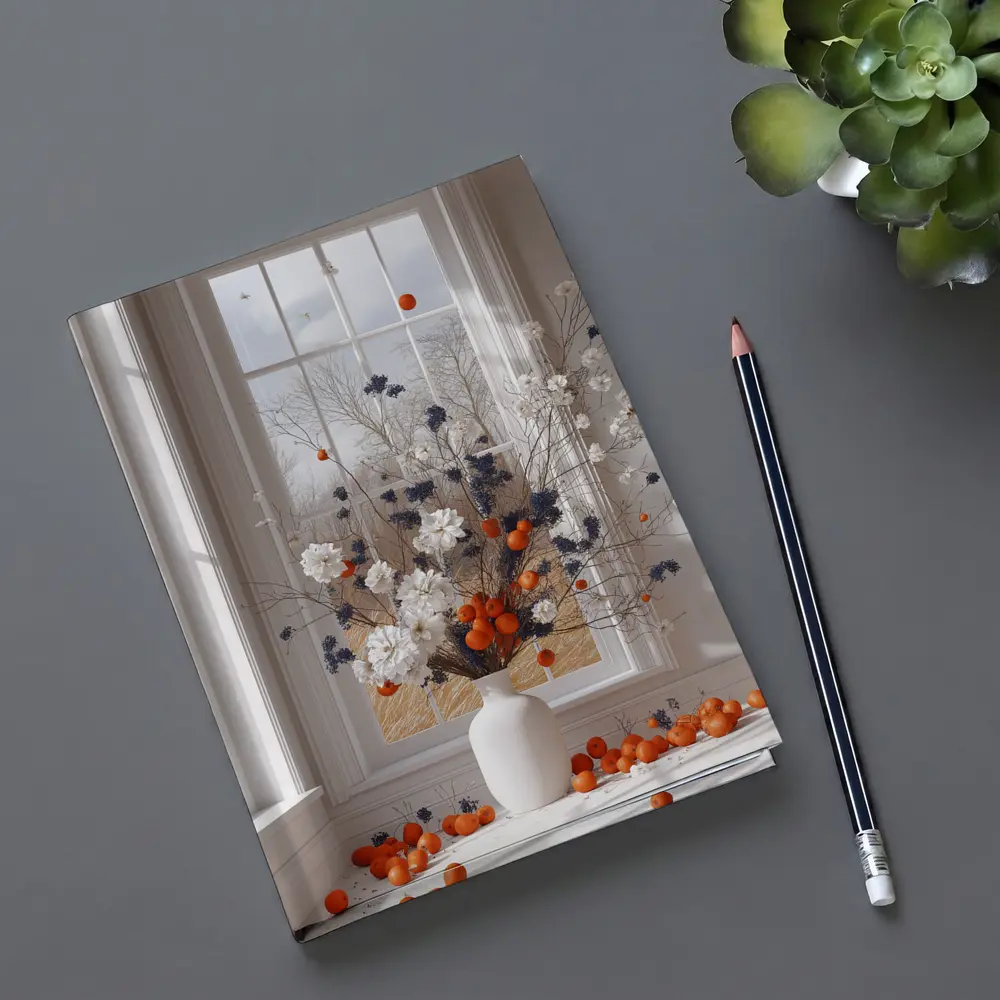 White Flowers Orange Berries Window Vase – Notebooks