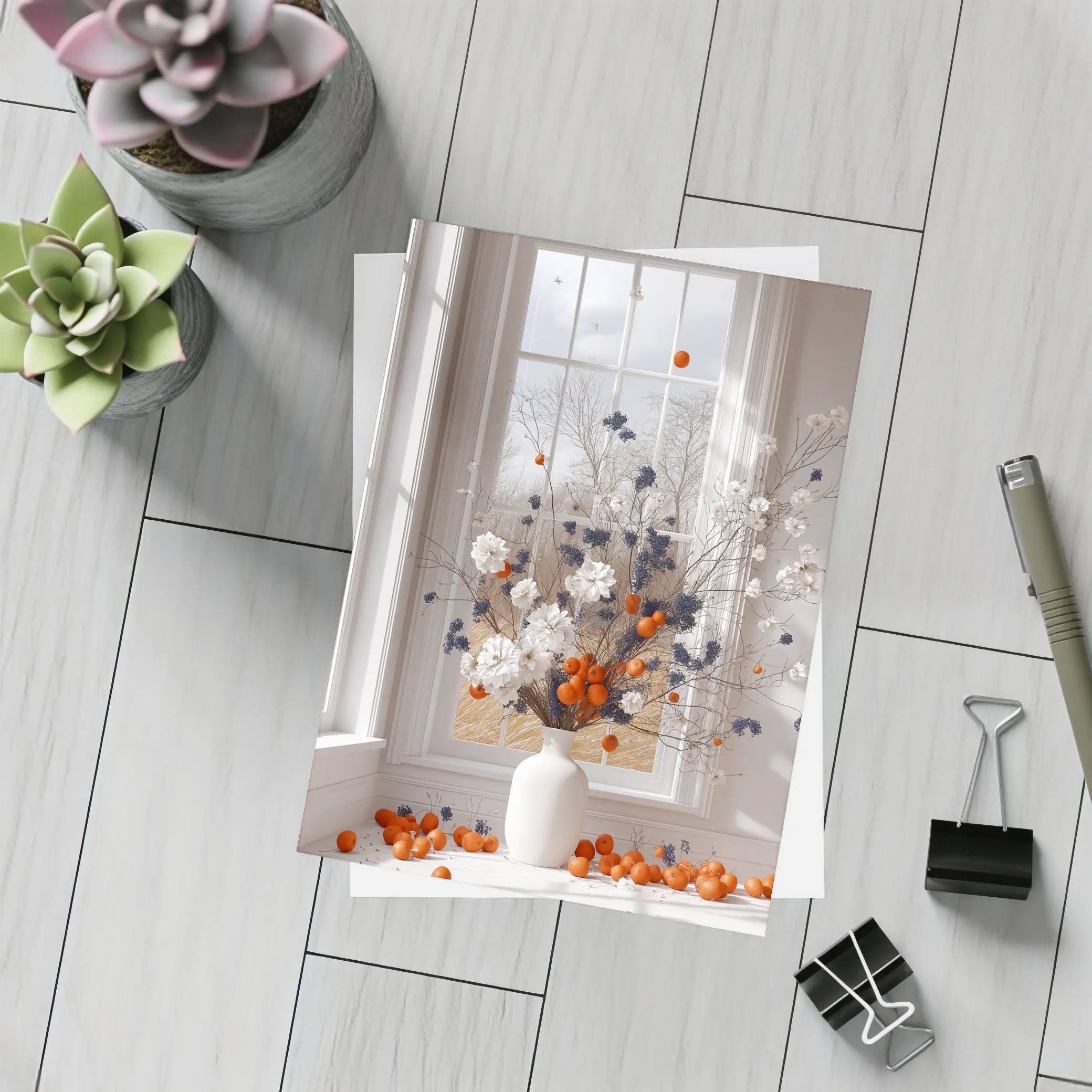 White Flowers Orange Berries Window Vase – Postcards