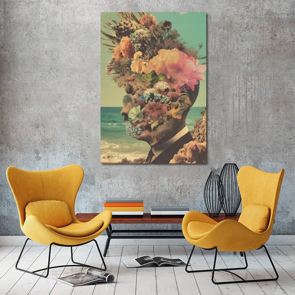 Floral Collage Head Portrait Beach Background – Wall Art