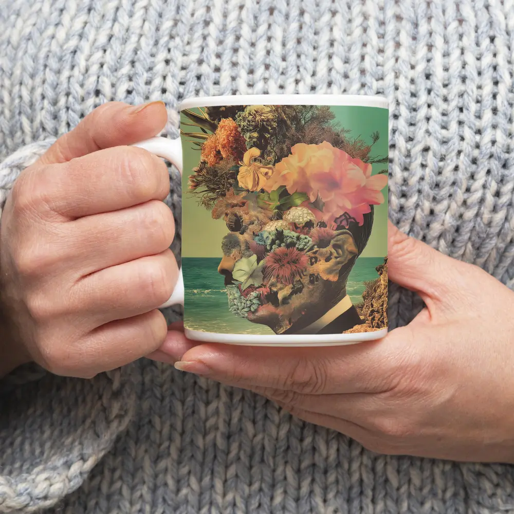 Floral Collage Head Portrait Beach Background – Mugs