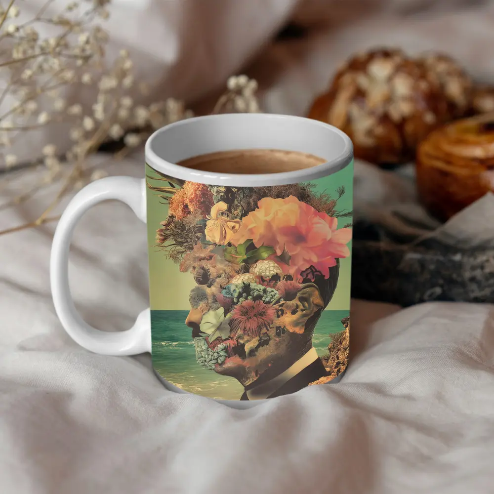 Floral Collage Head Portrait Beach Background – Mugs
