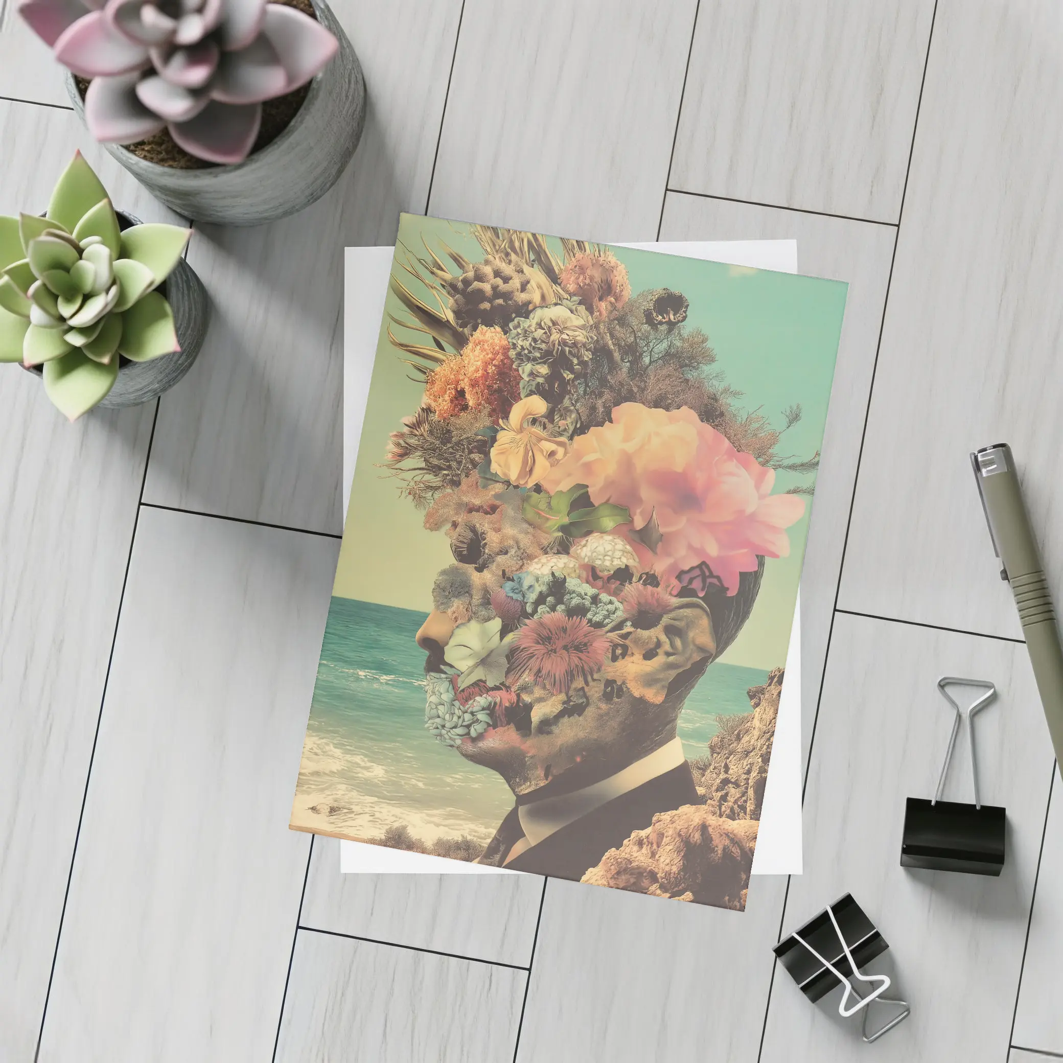 Floral Collage Head Portrait Beach Background – Postcards