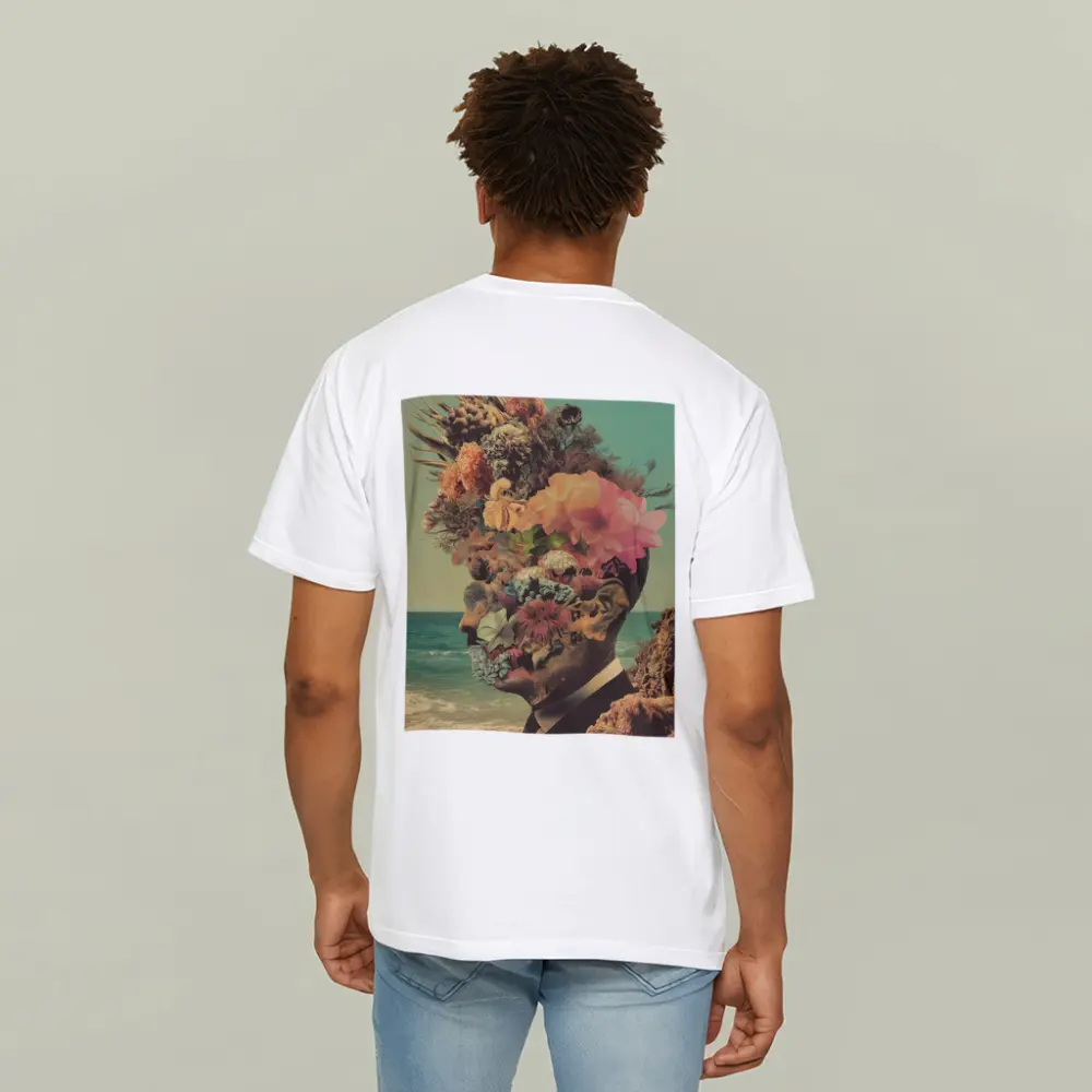 Floral Collage Head Portrait Beach Background – T-Shirts